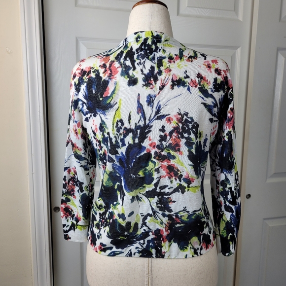 Jones & Co New York women's Cardigan- LARGE- 3/4 Sleeve cream Linen floral print - Picture 5 of 12
